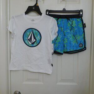 NWT 2pc Volcom White Bamboo Logo Shirt & Bamboo Print Swim Shorts sz 3t